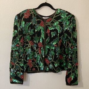 NITELINE Vintage Christmas Floral Sparkly Beaded Sequined Silk Jacket size XL